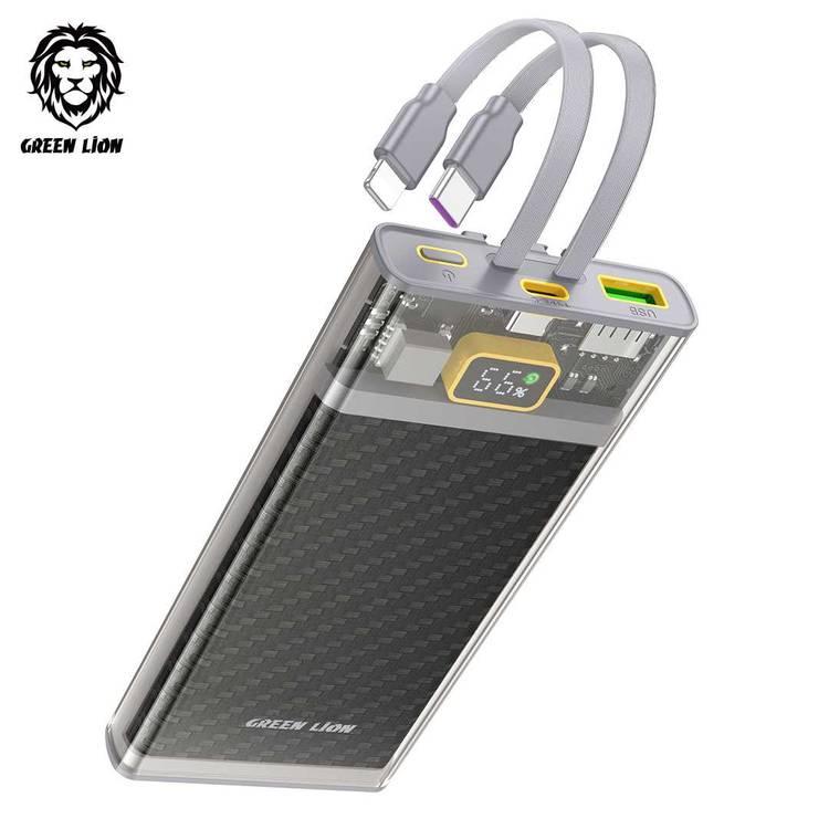 Green Lion Transparent 2 Power Bank with Integrated Cables 10000mAh PD 20W - Grey