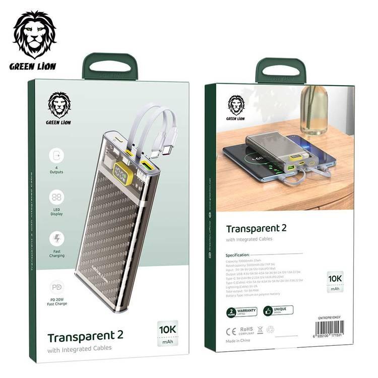 Green Lion Transparent 2 Power Bank with Integrated Cables 10000mAh PD 20W - Grey