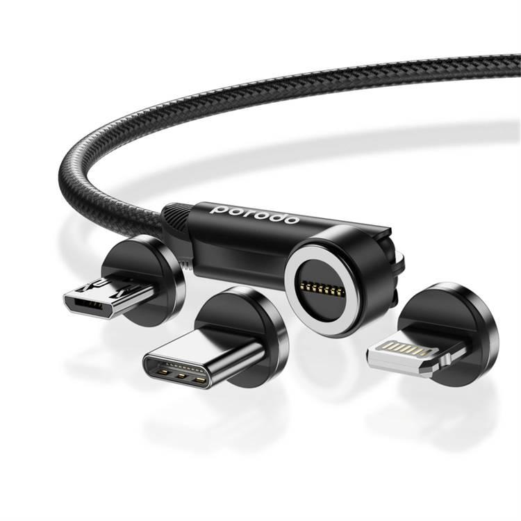 Porodo 3in1 Black TPE 1M Cable with Rotatable Head for Micro, Lightning, and Type-C