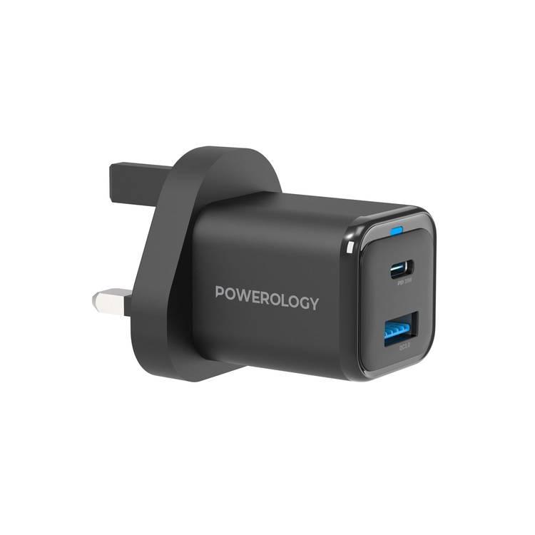 Powerology Black 35W PD QC 1xUSB-C 35W and 1xUSB-A 18W GaN Charger UK with USB-C Cable