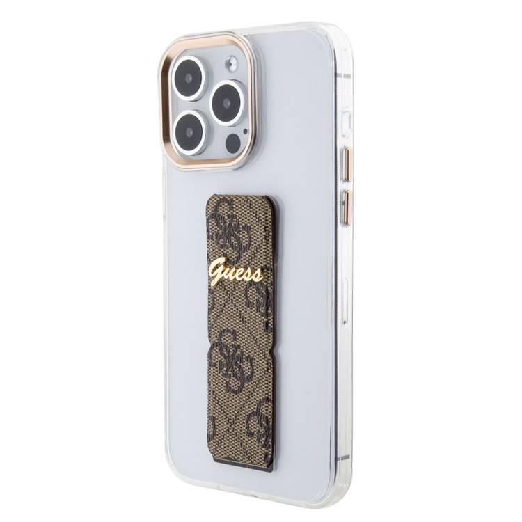 Guess Grip stand Clear Case with 4G Script Logo for iPhone 15 Series - Brown - iPhone 15 Pro