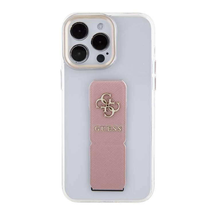 Guess Grip stand Clear Case with Saffiano Grip Leather and 4G Logo for iPhone 15 Series - Pink - iPhone 15 Pro
