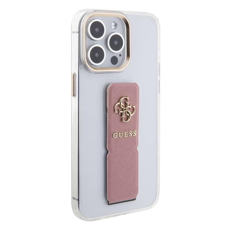 Guess Grip stand Clear Case with Saffiano Grip Leather and 4G Logo for iPhone 15 Series - Pink - iPhone 15 Pro