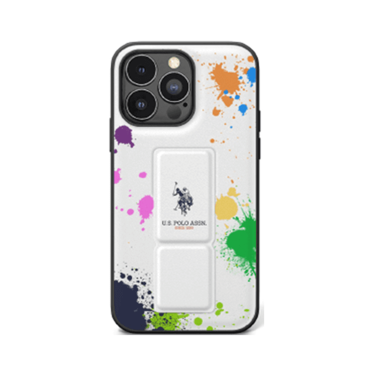 يو اس بولو أسن. حامل هاتف iPhone 15 Pro مصنوع من جلد البولي يوريثان مع حافظة باللون الأبيض - أبيض