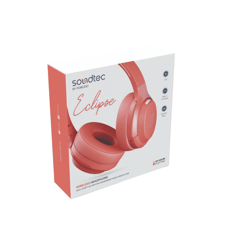 Porodo Soundtec Eclipse Wireless Over-Ear Headphones - Red