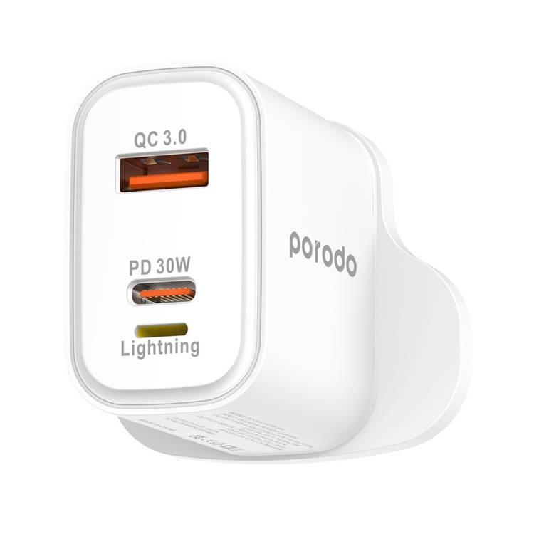 Porodo Triple Port PD QC Lightning 30W Charger UK Plug - White