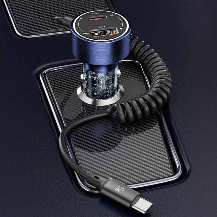 Porodo 60W Transparent Dual Port Car Charger PD 30W QC 18W with Type-C Coil Cable - Blue