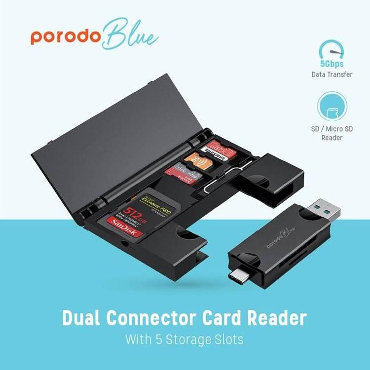 Porodo Blue 2 in 1 Card Reader with Card Holder - Black - أسود