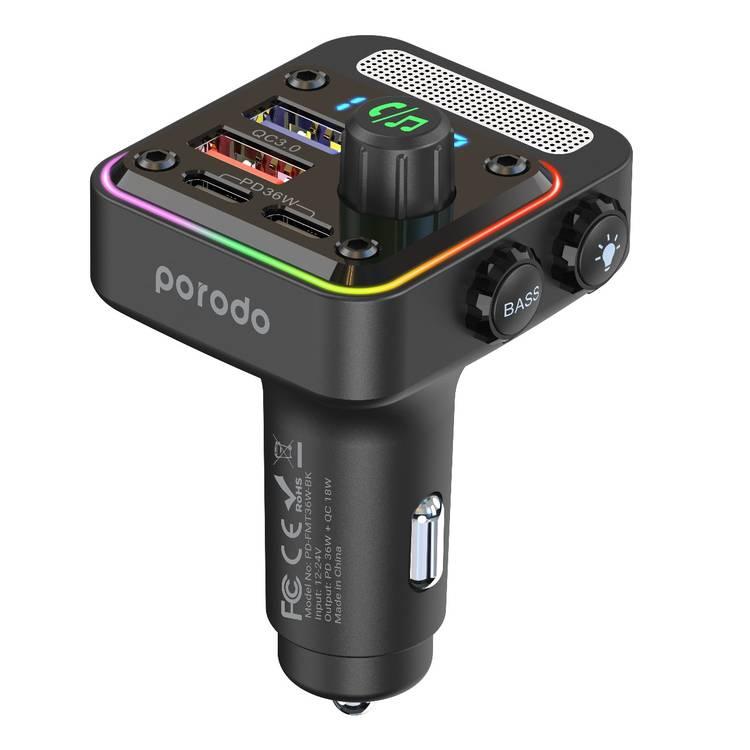 Porodo 3in1 PD30W Car Charger with BT, FM and TM - Black