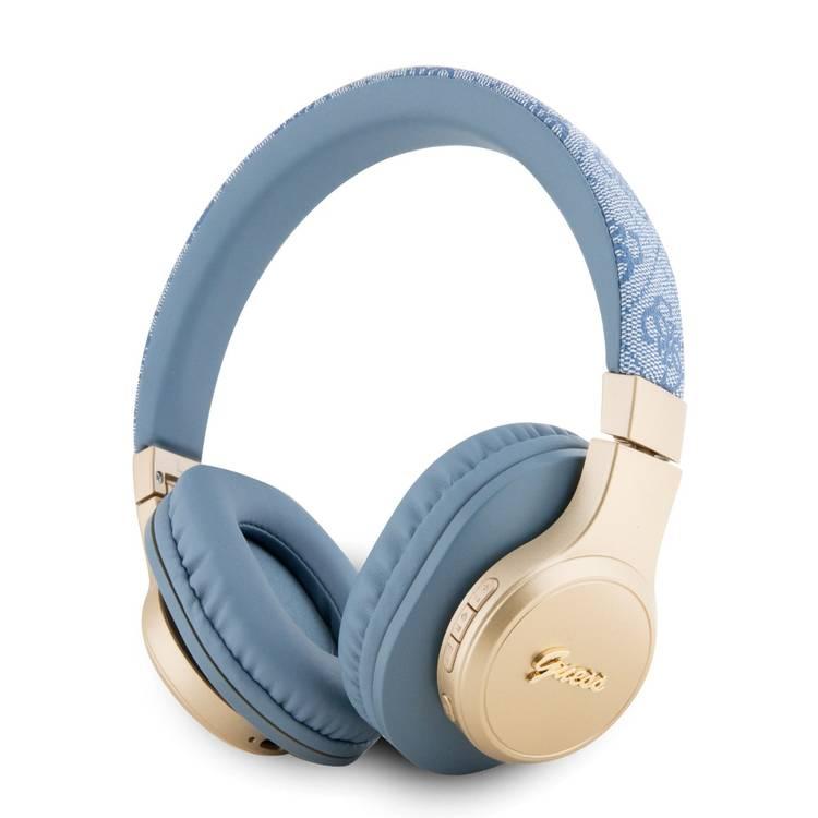 سماعة رأس بلوتوث من Guess، جلد 4G، مع شعار معدني نصي - أزرق - فوق الأذن