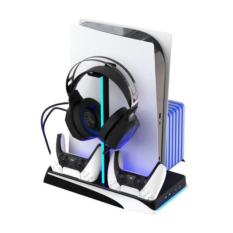 جهاز PS5 متعدد الوظائف للألعاب من Porodo ومركز تبريد وشحن لسماعات الرأس - أبيض أسود