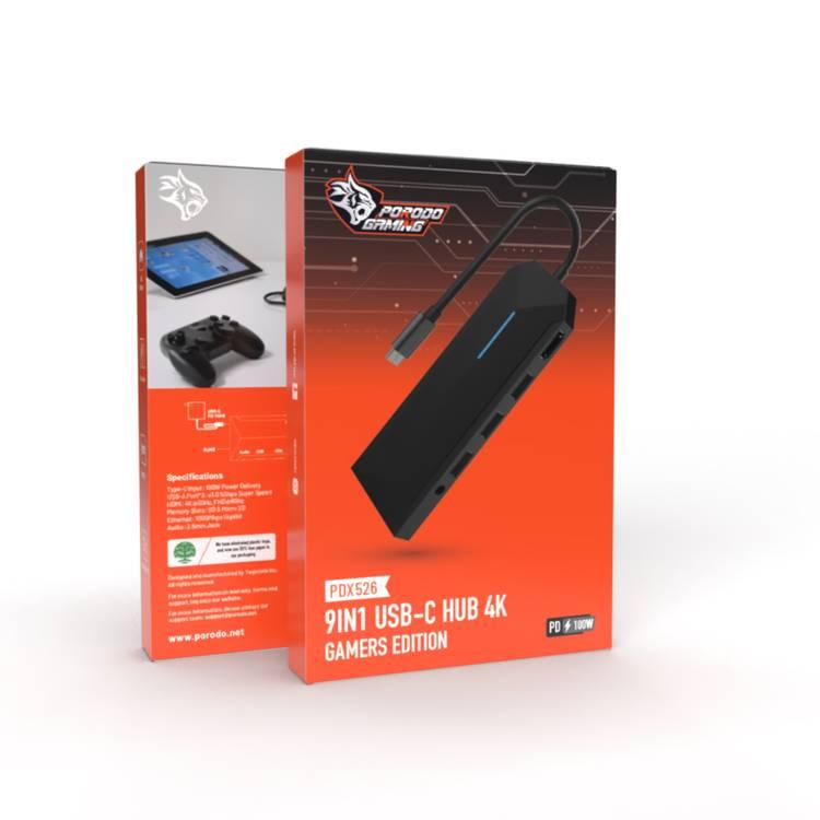 Porodo Gaming 9 in1 USB-C Hub 4K Gamers Edition PD 100W - أسود