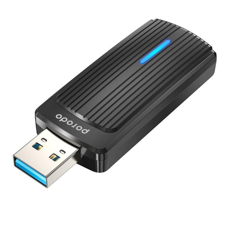 محول USB ثنائي النطاق WiFi6 من Porodo مع محول USB إضافي من النوع A إلى النوع C - أسود