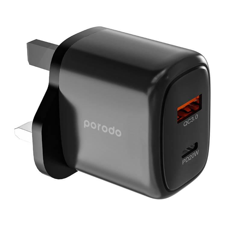 شاحن سريع مزدوج الإخراج من Porodo USB-C PD وUSB-A QC - أسود