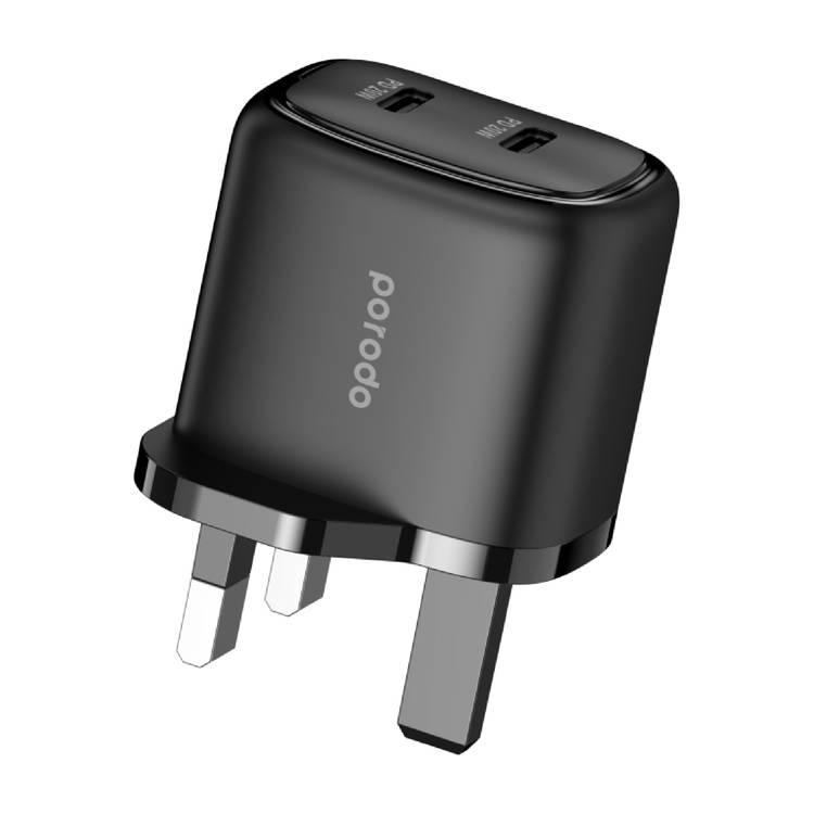 Porodo Dual Port USB-C Wall Charger Charge Two Devices Simultaneously - Black