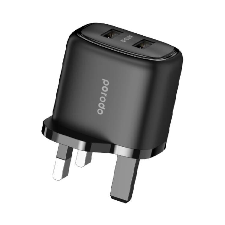Porodo Dual USB Fast Charger with Auto ID Technology - Black