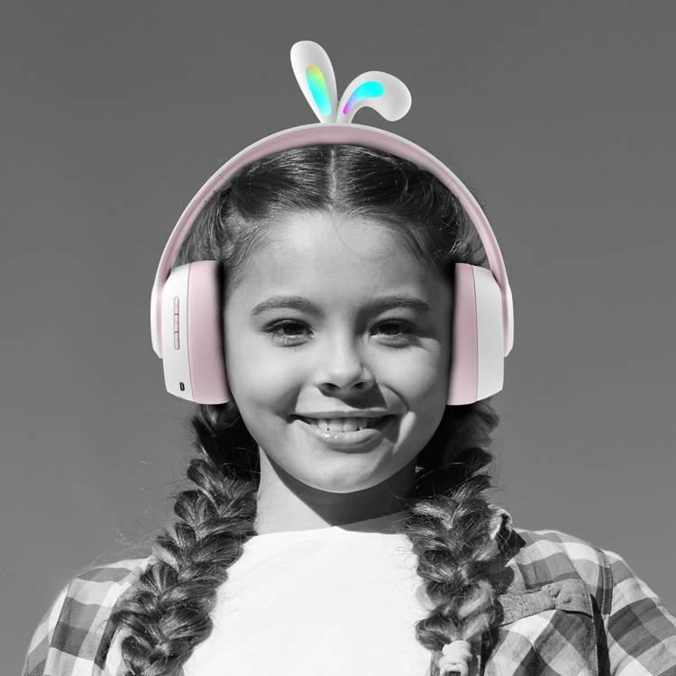 سماعة رأس لاسلكية للأطفال من بورودو ساوندتيك مع أضواء LED على شكل آذان أرنب - القرنفل