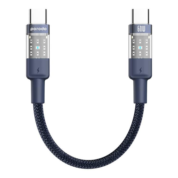 Porodo Fast Charging Cable with Braided PD60W USB-C to USB-C Connector and Transparent Head  - Blue - 35cm