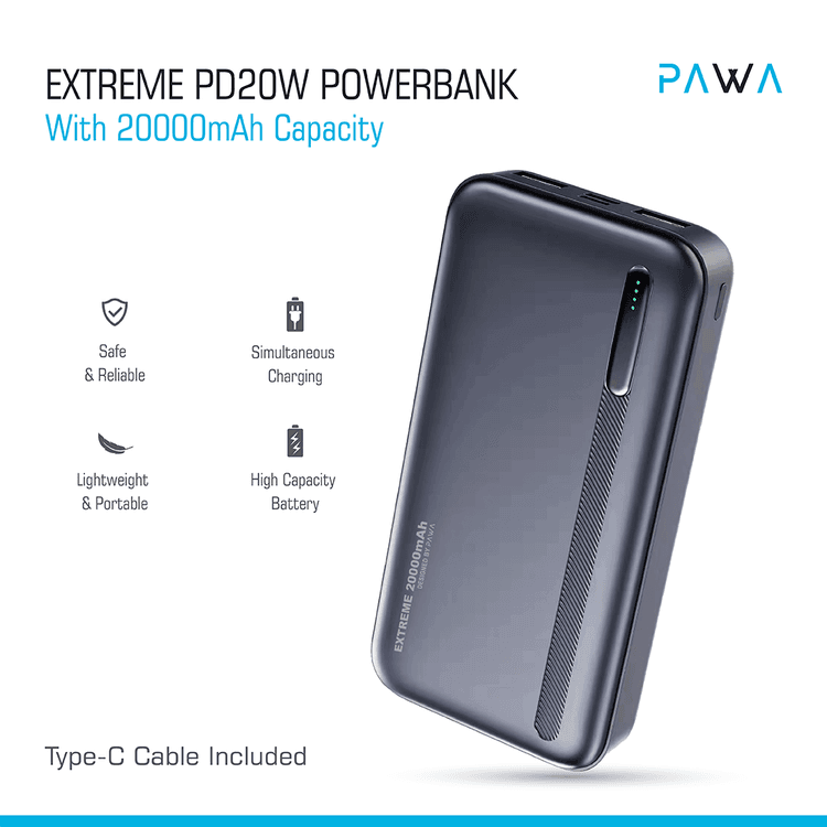 باور بانك PAWA Extreme PD20W بسعة 20000 مللي أمبير في الساعة - أسود