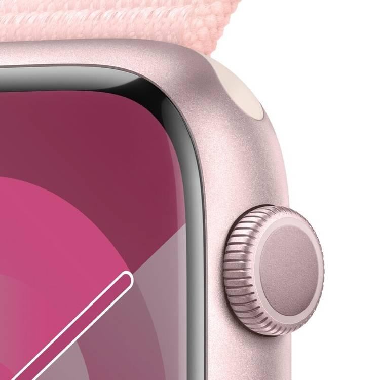 Apple Watch Series 9 ]GPS 41mm] مع هيكل من الألومنيوم باللون الوردي وسوار رياضي باللون الوردي الفاتح | م/ل