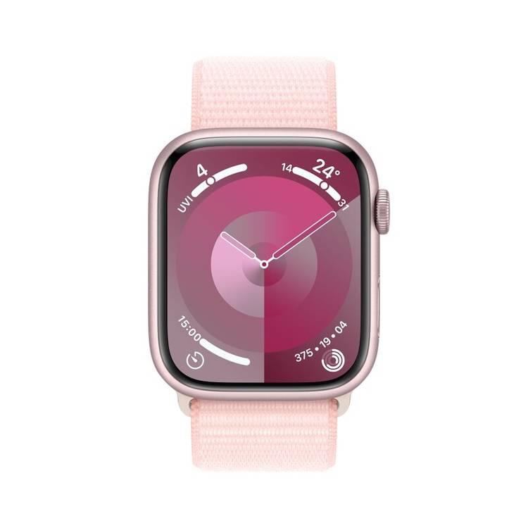 ساعة ابل سيريز 9 [جي بي اس 45 ملم] مع هيكل من الألومنيوم باللون الوردي وحزام رياضي باللون الوردي الفاتح
