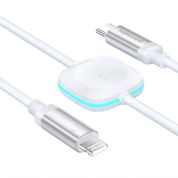 Porodo Charge and Data Braided Cable USB-C Lightning, and Watch Dual Charging Technology-White-1.2m