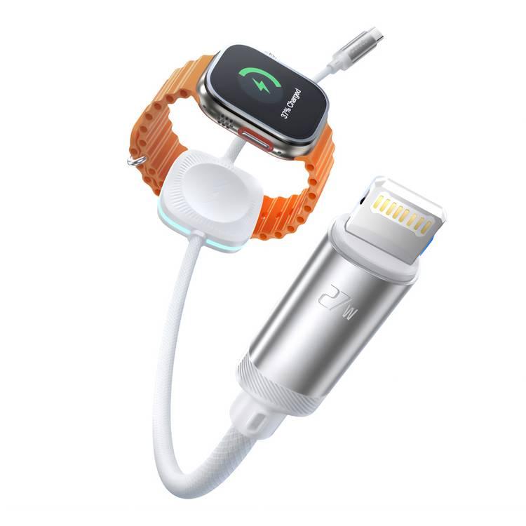 Porodo Charge and Data Braided Cable USB-C Lightning, and Watch Dual Charging Technology-White-1.2m