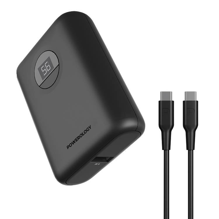 Powerology 10000mAh Power Bank with PD Charging, Ultra Compact Design, Dual Output, and USB-C to USB-C 1m Cable - Black - 10000 mAh