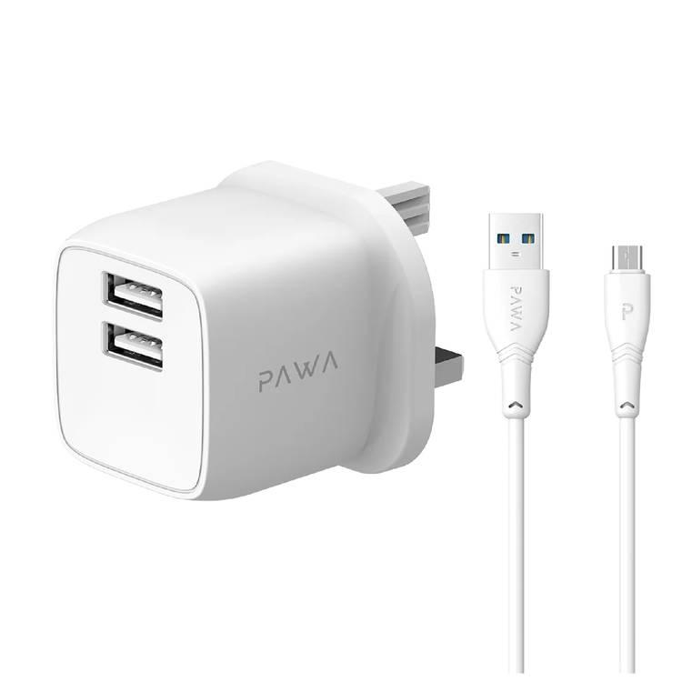 شاحن سفر PAWA PocketMini ثنائي USB بمعايير المملكة المتحدة من UAB-A إلى كابل Micro - أبيض