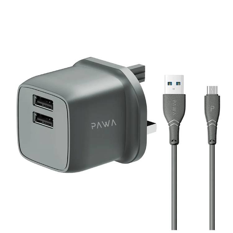 شاحن سفر PAWA PocketMini ثنائي USB بمعايير المملكة المتحدة من UAB-A إلى كابل Micro - رمادي
