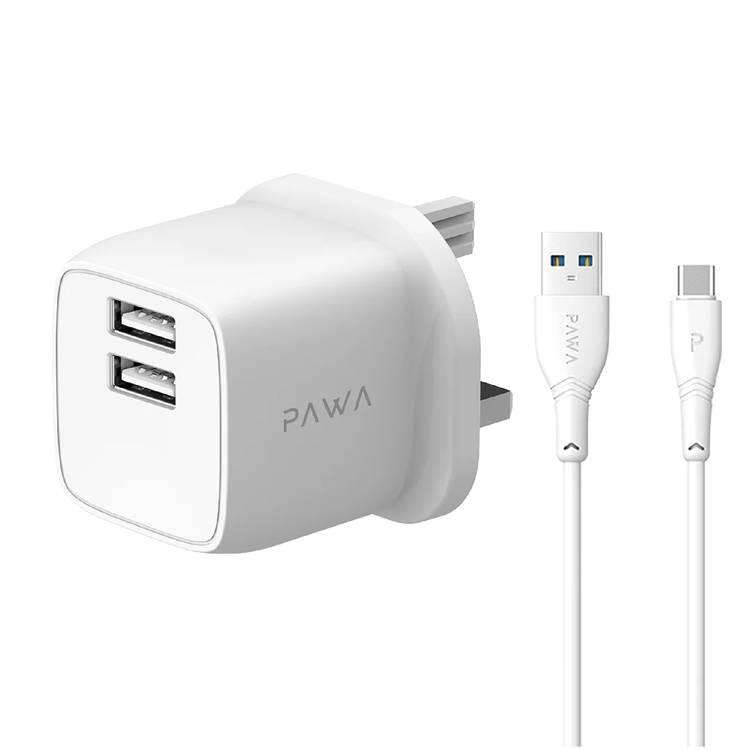 شاحن سفر PAWA PocketMini ثنائي USB قياسي في المملكة المتحدة مع كابل USB-A إلى النوع C - أبيض