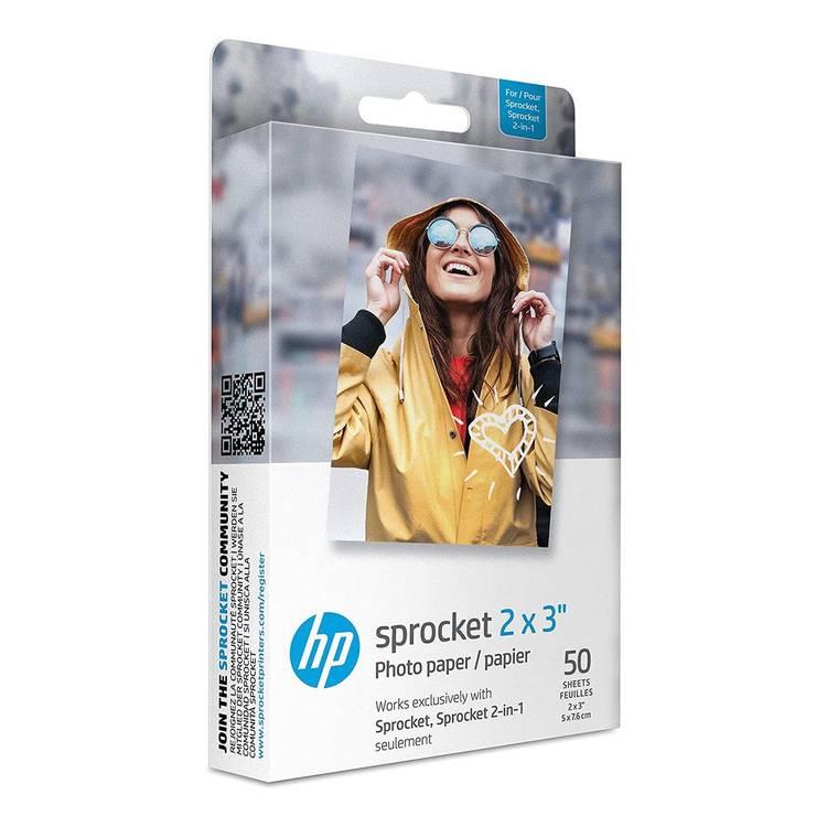 50 ورقة من ورق الصور HP Sprocket 2X3 Premium Zink اللاصق من الخلف - أبيض