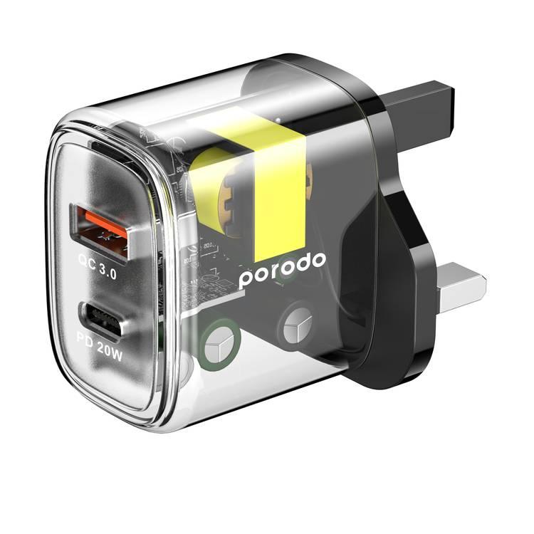 Porodo Dual Output Transparent Quick Charger USB-C PD And USB-A QC With USB-C To USB-C Cable 1.2m UK