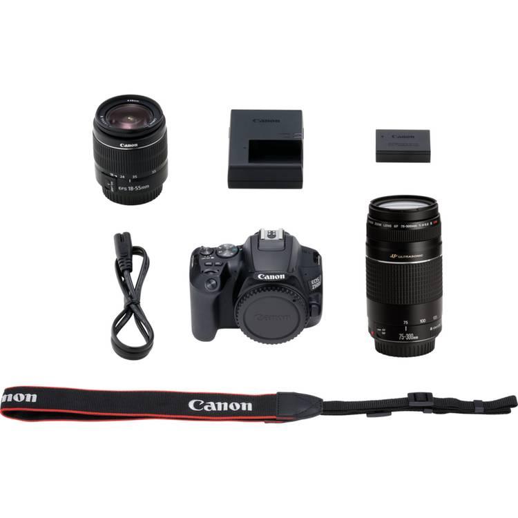 كاميرا Canon EOS 250D DSLR + عدسة تكبير EF-S مقاس 18-55 مم F/3.5-5.6 III + عدسة تكبير EF 75-300 مم F/4-5.6 III USM (حزمة) - أسود
