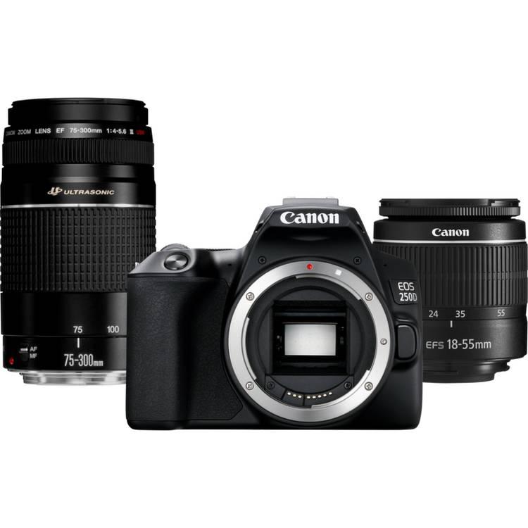 كاميرا Canon EOS 250D DSLR + عدسة تكبير EF-S مقاس 18-55 مم F/3.5-5.6 III + عدسة تكبير EF 75-300 مم F/4-5.6 III USM (حزمة) - أسود