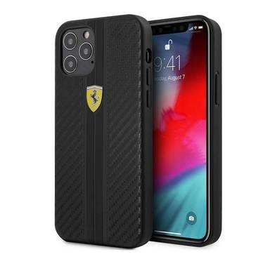 Ferrari On Track Carbon PU Hard Case with Stripes and Metal Logo for iPhone 12 / 12 Pro (6.1") - Black