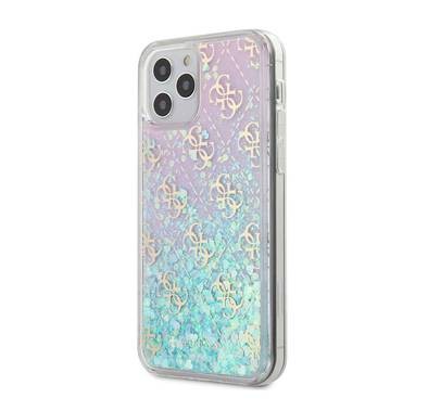 CG Mobile Guess Liquid Glitter 4G Pattern Pink Background Case for iPhone 12 Pro Max (6.7") Shock & Drop Protection Suitable with Wireless Chargers Officially Licensed - Iridescent
