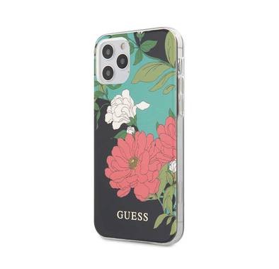 CG Mobile Guess PC/TPU Flower Collection Shiny Pattern Case for iPhone 12 Pro Max (6.7") Shock & Drop Protection Suitable with Wireless Chargers Officially Licensed - Black