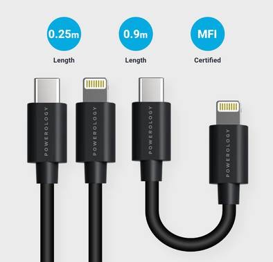 Powerology USB-C to Lightning Cable Combo (0.25m + 0.9m ), Fast Charging, Data Sync, Super Durable, with iPads, iPhones and Airpods/Airpods Pro to USB Type C Cable interface, (Black)