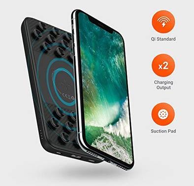 Porodo Power Bank, Slim Wireless Portable Powerbank 10000mAh with Suction Pad & Power Indicator, Wireless Charging Qi Standard, Strong Absorption Force - Black