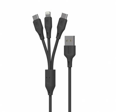 Porodo Charging Cable, Smart Design PVC 3 in 1 Cable ( Compatible with 2*Type-C / Lightning ) 2.4A 3Meter Cord, Charge and Sync Cable, Durable Fast Charge
