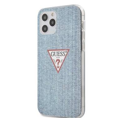 CG Mobile Guess PC/TPU Denim Triangle Hard Case, Shock-Absorption & Drop Protection for iPhone 12 / 12 Pro ( 6.1" ) Officially Licensed - Light Blue