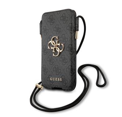 CG MOBILE Guess 4G Script Crossbody Pouch Case with Cord Compatible for iPhone 12 Pro Max ( 6.7" ) Anti-Fall Necklace, Adjustable Neck Cord Lanyard Strap Officially Licensed - Gray