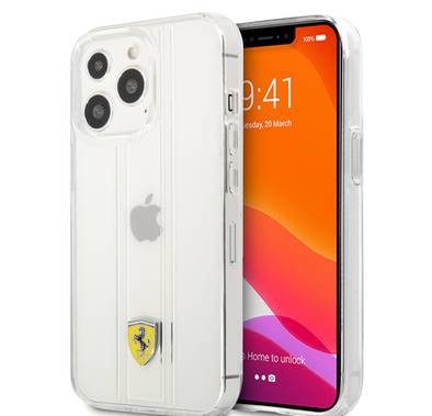CG MOBILE Ferrari PC/TPU Transparent Hard Case with 3D Line Contrasted Red Line Compatible for iPhone 13 Pro Max (6.7") Anti-Scratch, Easy Access to All Ports, Shock Absorption Protective Back Cover Suitable with Wireless Charging Officially Licensed