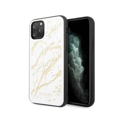 CG MOBILE Guess PC/TPU Layer Gold Glitter Marble Phone Case Compatible with iPhone 11 Pro (5.8") Supports Wireless Charging Officially Licensed - White