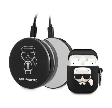 Karl Lagerfeld Bundle Ikonik Silicone Airpods 1/2 Case, high quality silicone,  fits perfectly + Mirror Powerbank 2000mAh, Li-polymer Battery - Black