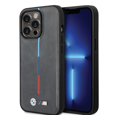 BMW M Collection Quilted PU Case with Hot Stamped Tricolor Stripe and Printed Logo iPhone 14 Pro Max Compatibility - Grey