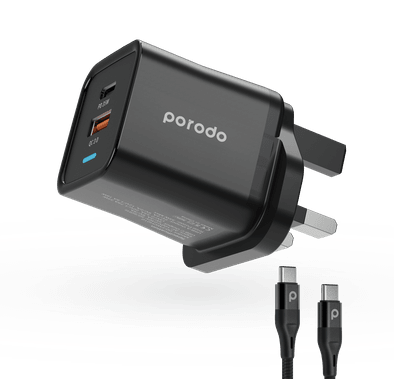Porodo Dual Port PD + USB-A (35W+18W) Charger with Type-C To Type-C Cable - Black
