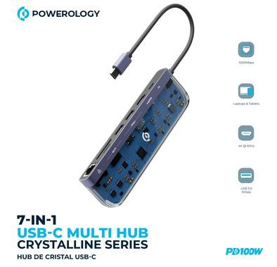 Powerology Universal 7-in-1 USB-C Multi Hub with Transparent Design