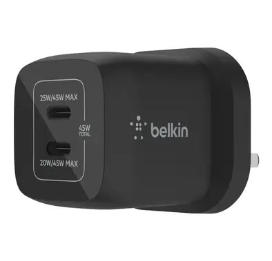 شاحن حائط Belkin BOOST CHARGE PRO ثنائي USB-C GaN مع PPS 45W - أسود